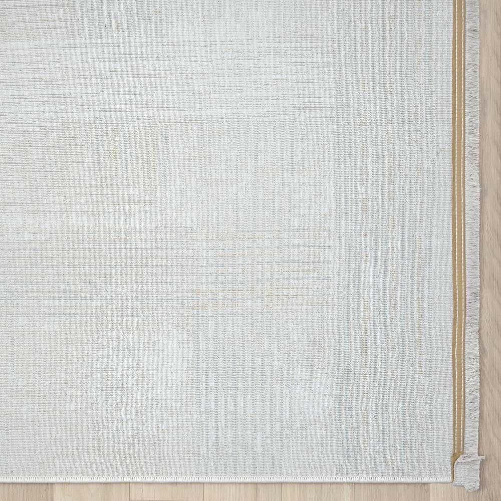 Unterseite des gewebten rechteckigen Teppichs in Creme und Hellgrau mit stabiler Struktur – Sascora