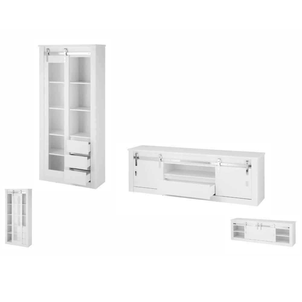 Weißes Wohnzimmerschrank Set bestehend aus hoher Vitrine und TV-Lowboard mit Schiebetüren – Memphys