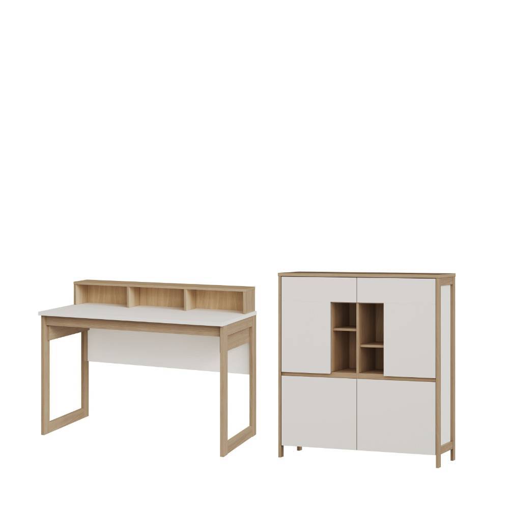 Schreibtisch und Highboard als zweiteiliges Set in weißer Holzoptik – Ovidio