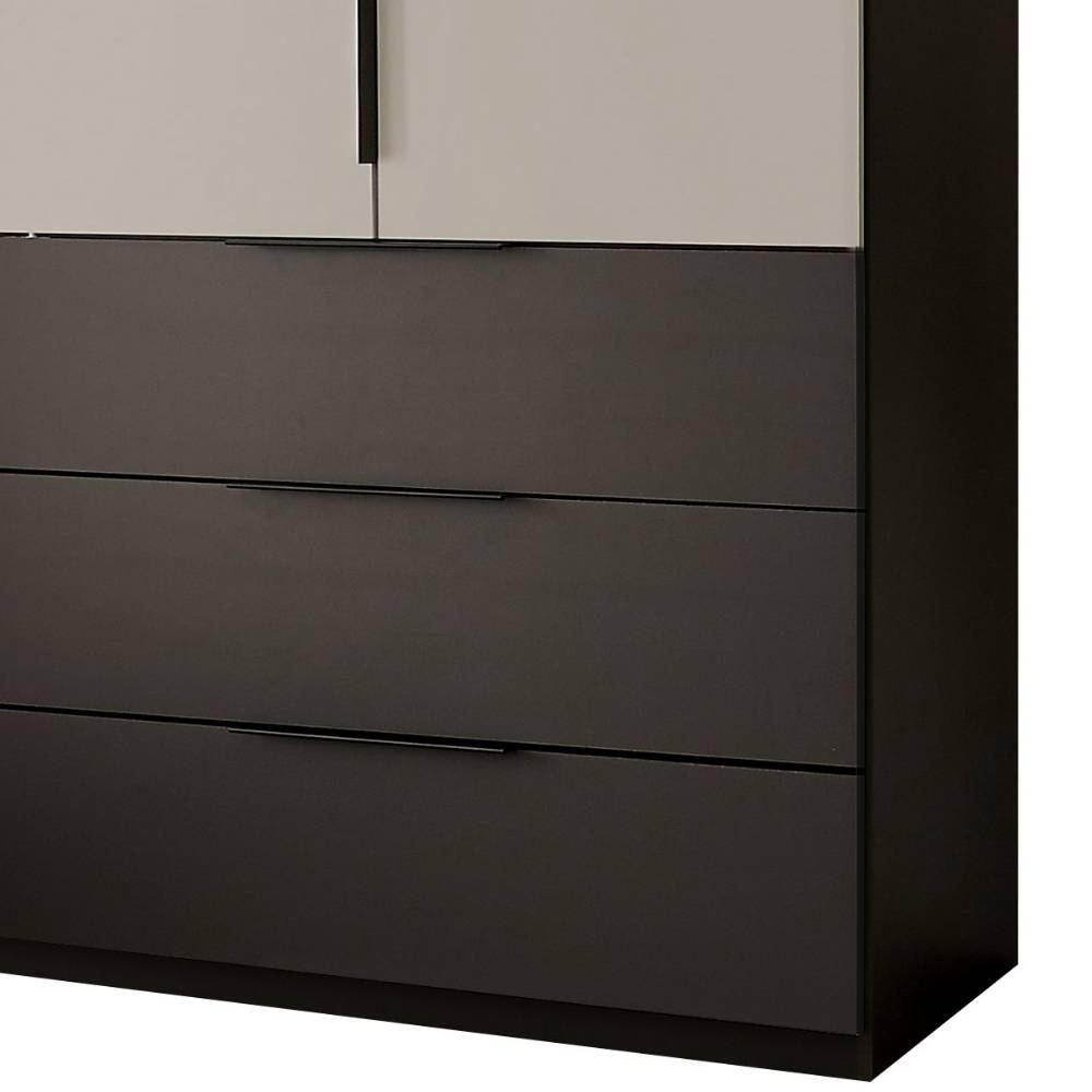 Detailansicht der drei dunkelgrauen Schubladen mit modernen Griffen am Schlafzimmerschrank – Hihat