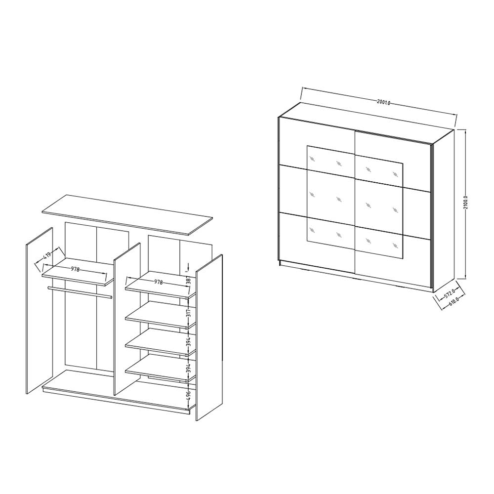 200x210x61 cm Schwarzer Kleiderschrank mit Schiebetüren - Dinamaro