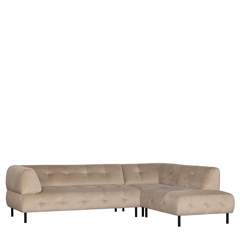 Ecksofa in Samt Creme mit rechter Recamiere und gesteppten Sitzflächen – Montreneva