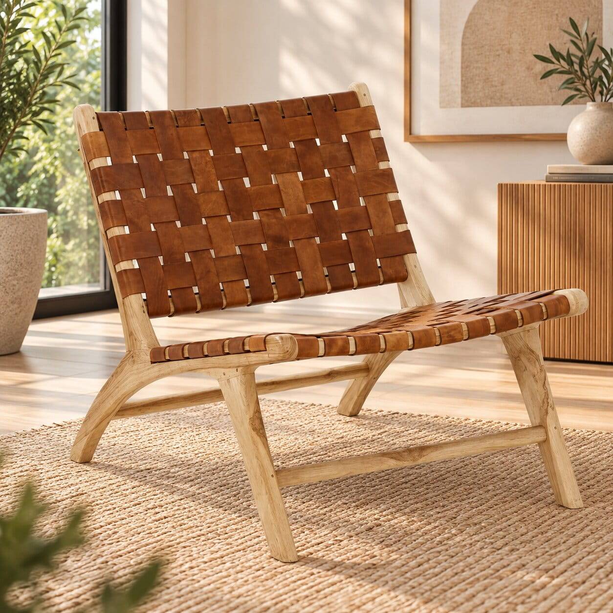 Lounge Geflecht Sessel aus Leder in Braun - Charlots