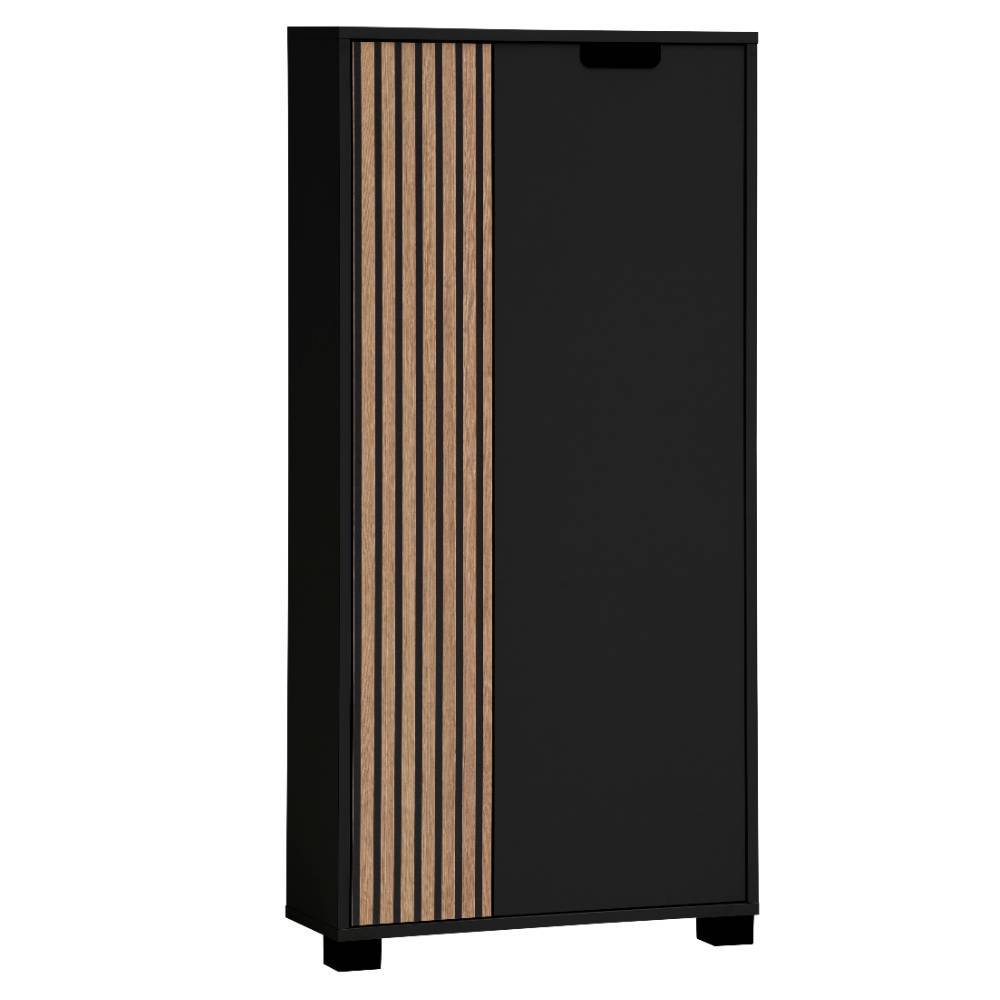 Schmaler Dielenschrank in Schwarz mit vertikalen Holzlamellen und Griffmulde – Morena