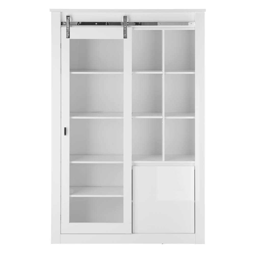 Weißer Vitrinenschrank mit Glasschiebetür und offenen Fächern für Wohnzimmer – Memphys