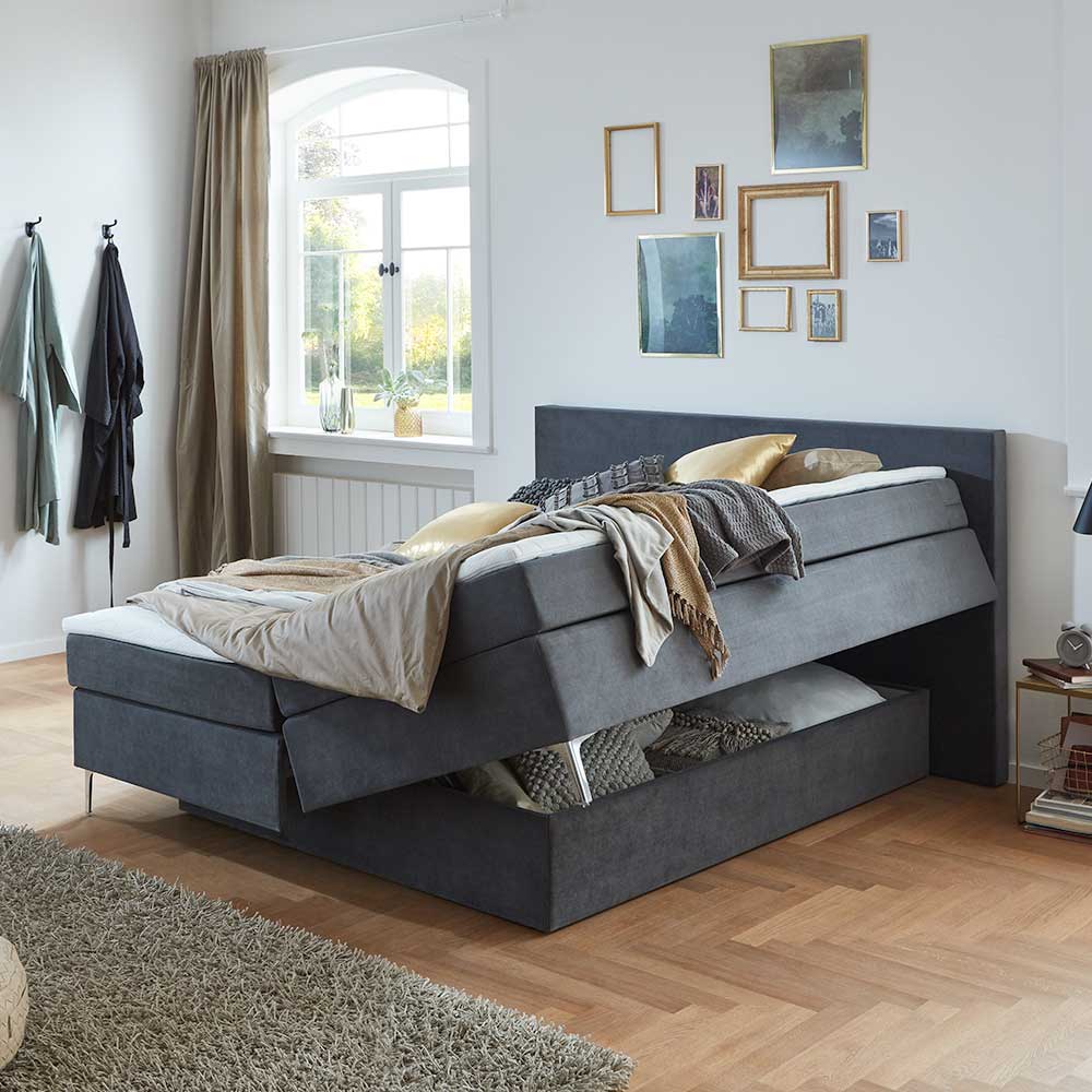 Dunkelgraues Boxspring-Bett mit Bettkasten - Jubby