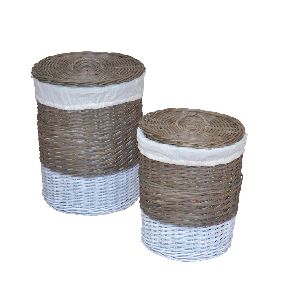 Zwei zylindrische Rattan Wäschekörbe in Grau und Weiß, praktisches 2er Set für Wäsche – Praseida