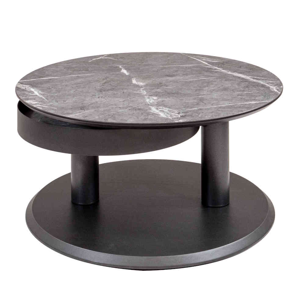 Runder Couchtisch mit drehbarer Platte in grauer Marmoroptik und schwarzem Metallgestell – Lachea