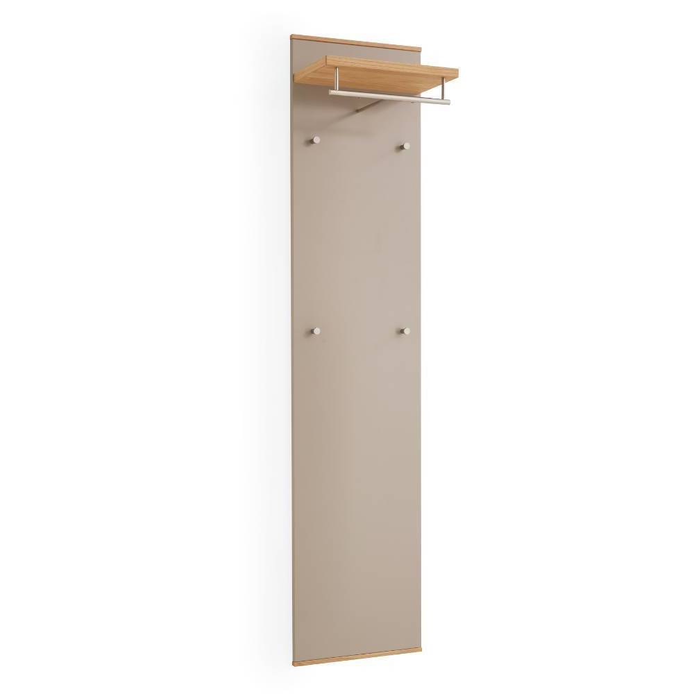 Schlanke Flurgarderobe in Taupe mit Eiche Bianco Ablage und vier Metallhaken – Barcelos