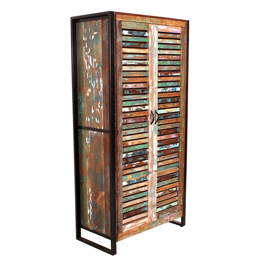 Shabby Chic Schrank mit zwei Lamellentüren in bunten Farben und Metallrahmen – Vosbadus