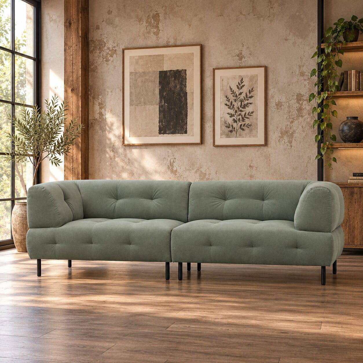 3er Wohnzimmercouch in Graugrün Samt - Persona