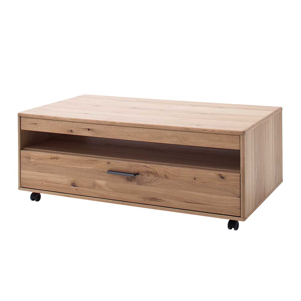 Moderner Wohnzimmertisch aus Eiche Bianco Massivholz mit Rollen und offener Ablage – Assela