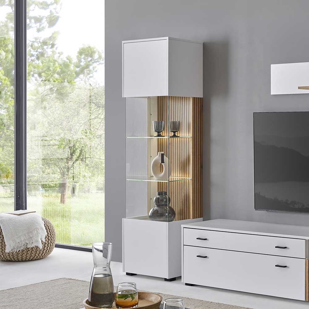 Wohnzimmer-Vitrine in Weiß und Wildeiche mit Glastüren und LED-Beleuchtung – Nenaloro