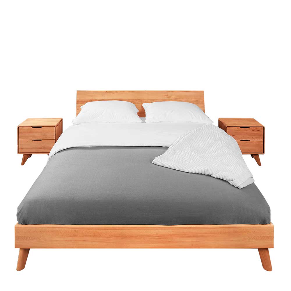 Dreiteiliges Schlafzimmer Set aus Holzbett und zwei Nachtkonsolen freigestellt – Junola