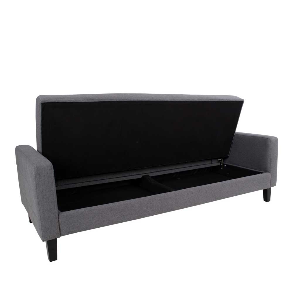 Graues Schlafsofa mit integriertem Stauraum unter der Sitzfläche offen gezeigt – Industry