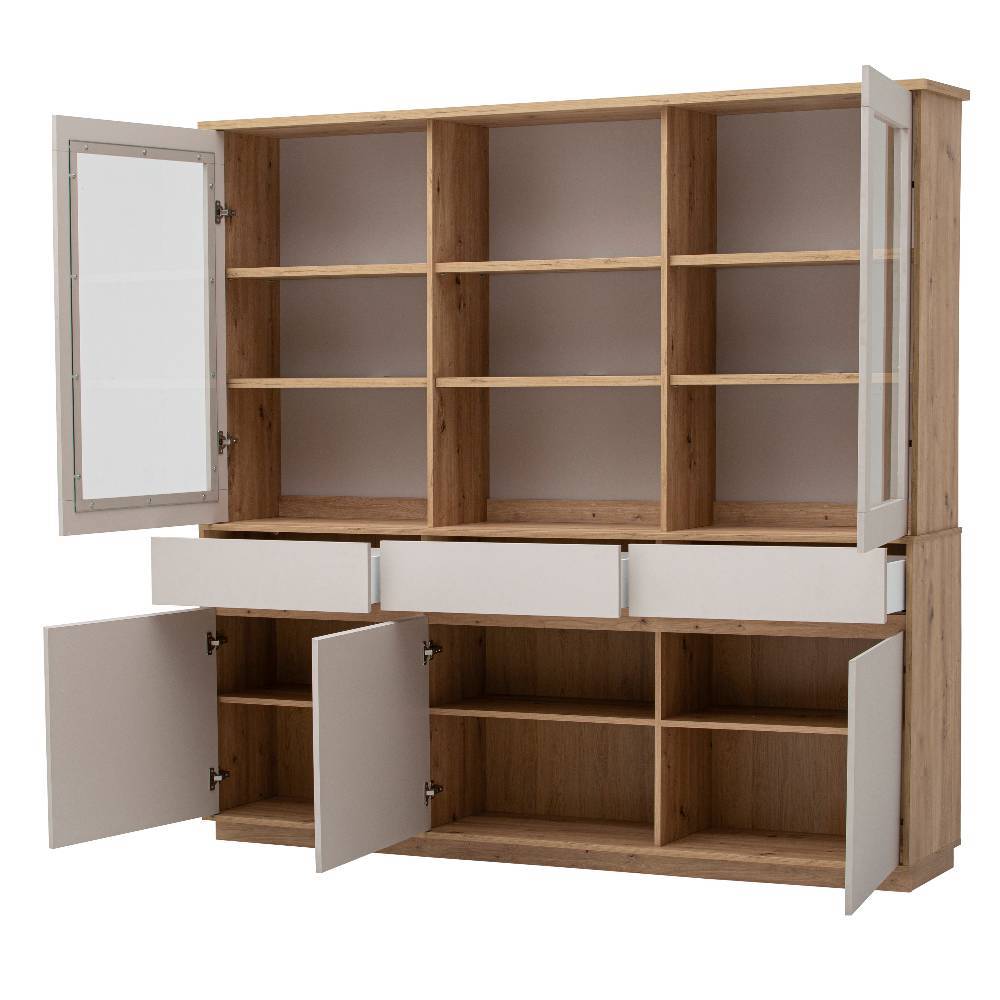 Offener Buffetschrank mit Glastüren, Schubladen und Fächern in Wildeiche Optik und Weiß – Spain