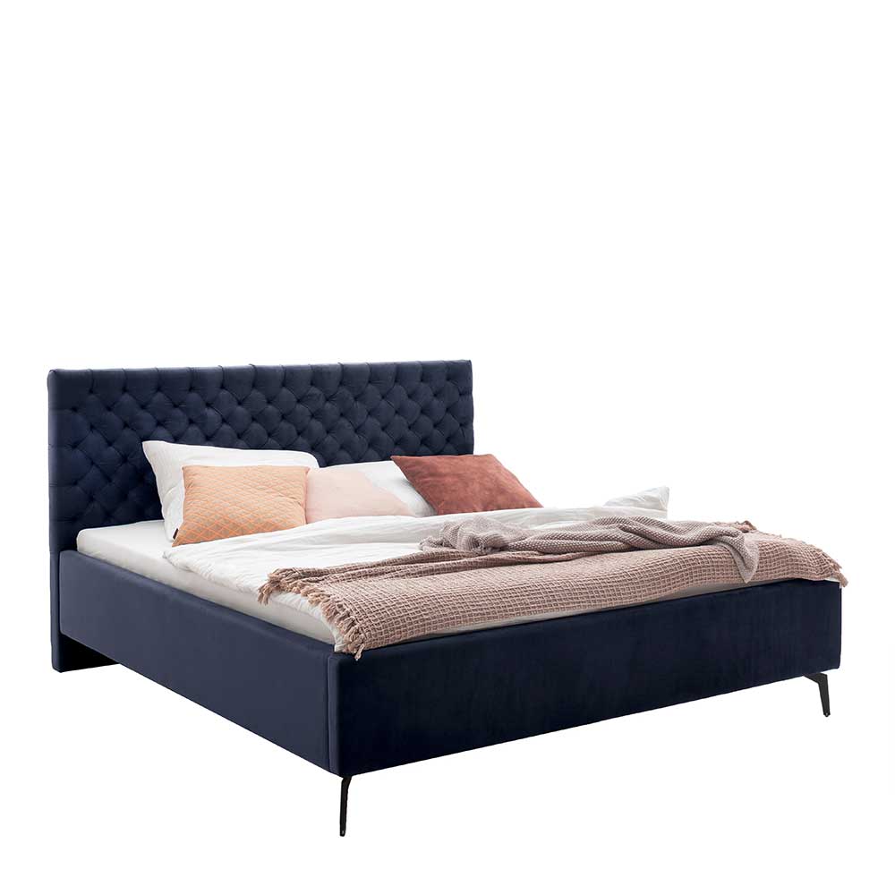 Blaues Stauraumbett mit Chesterfield Kopfteil - Lani