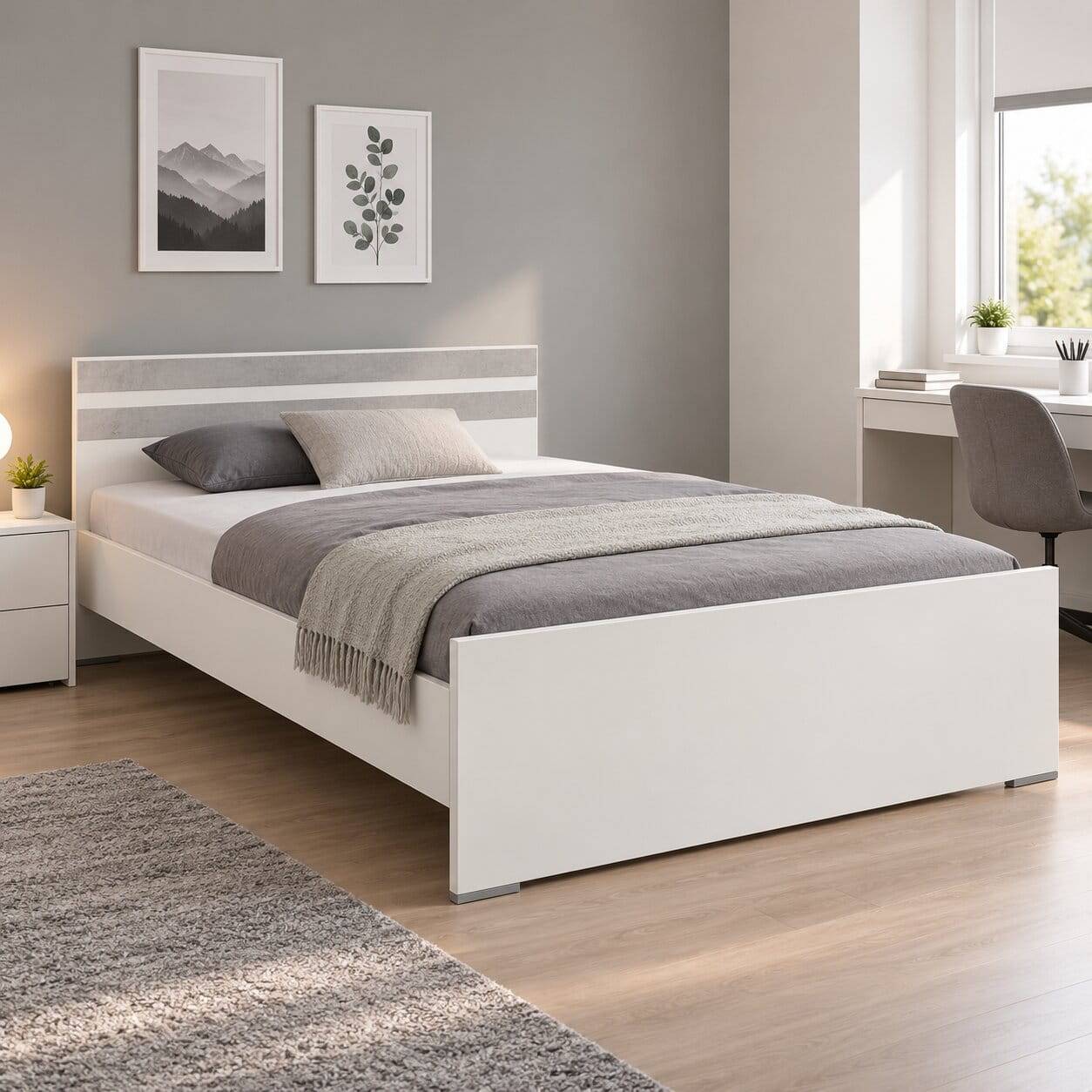 Bett in Weiß & Lichtgrau Beton Optik - Orsidio