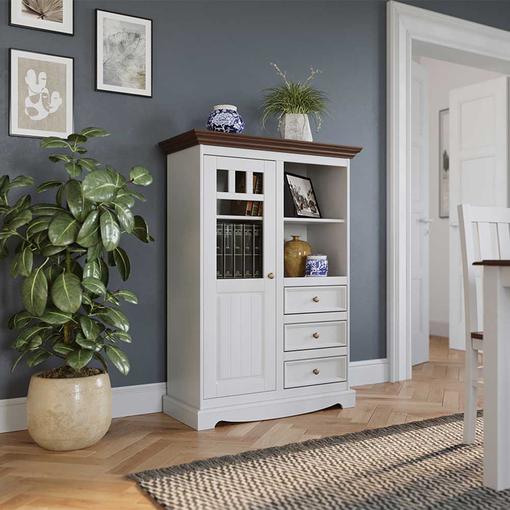 Landhaus Highboard in Weiß und Nussbaum Braun - Manipur