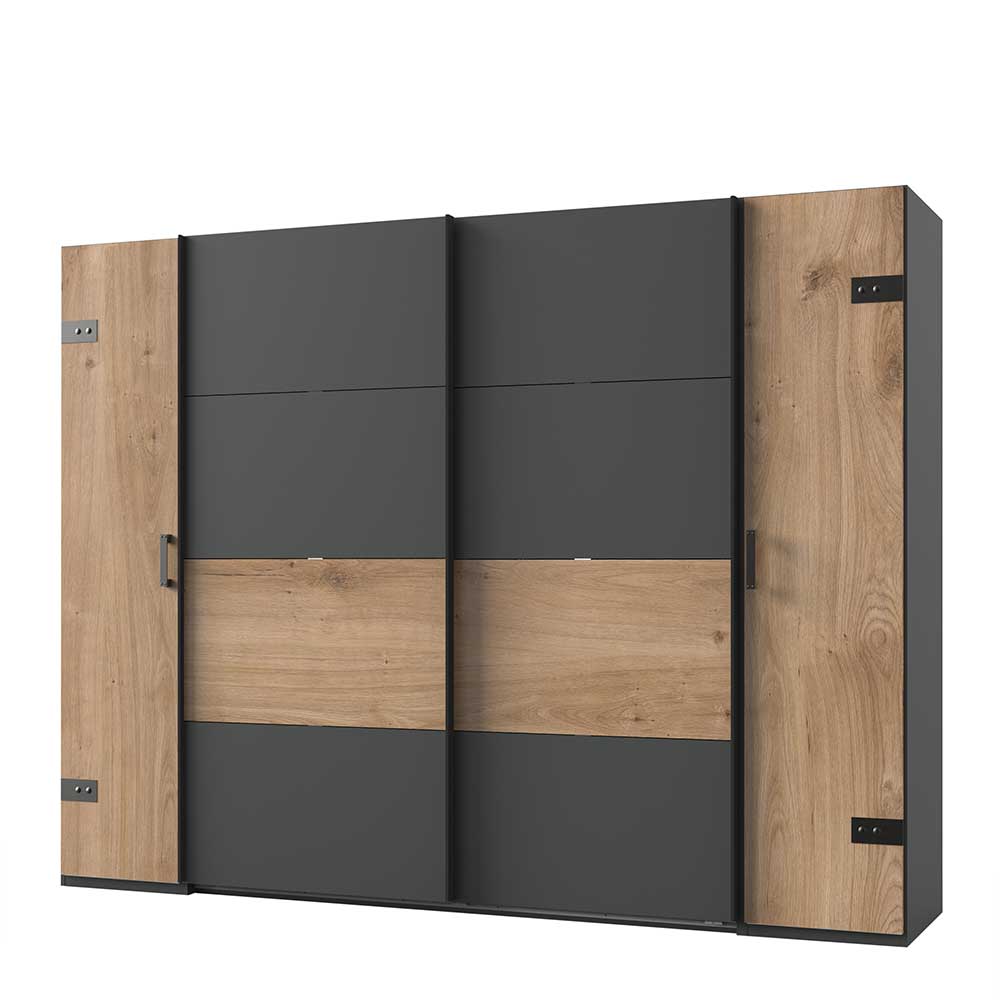 Großer Schlafzimmerschrank mit Schwebetüren und Drehtüren in Holzoptik und Anthrazit – Enegal