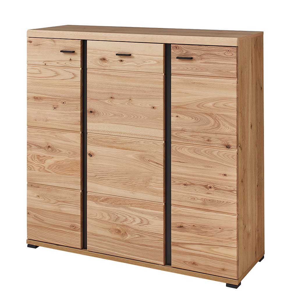 Modernes 3-türiges Highboard aus teilmassivem Holz mit dunklen Akzenten für den Wohnbereich – Latenda