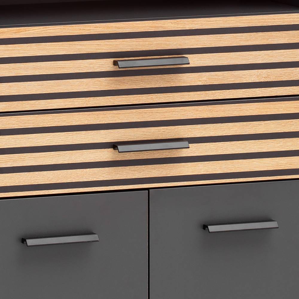 Anthrazitfarbene Badschrank-Schubladen mit Holzstreifen und untere Flügeltüren – Zyrian