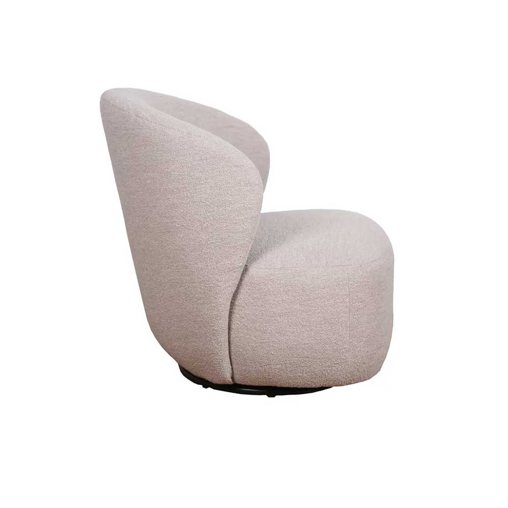 Eleganter cremeweißer Boucle Loungesessel in Seitenansicht, drehbares Design – Cleas