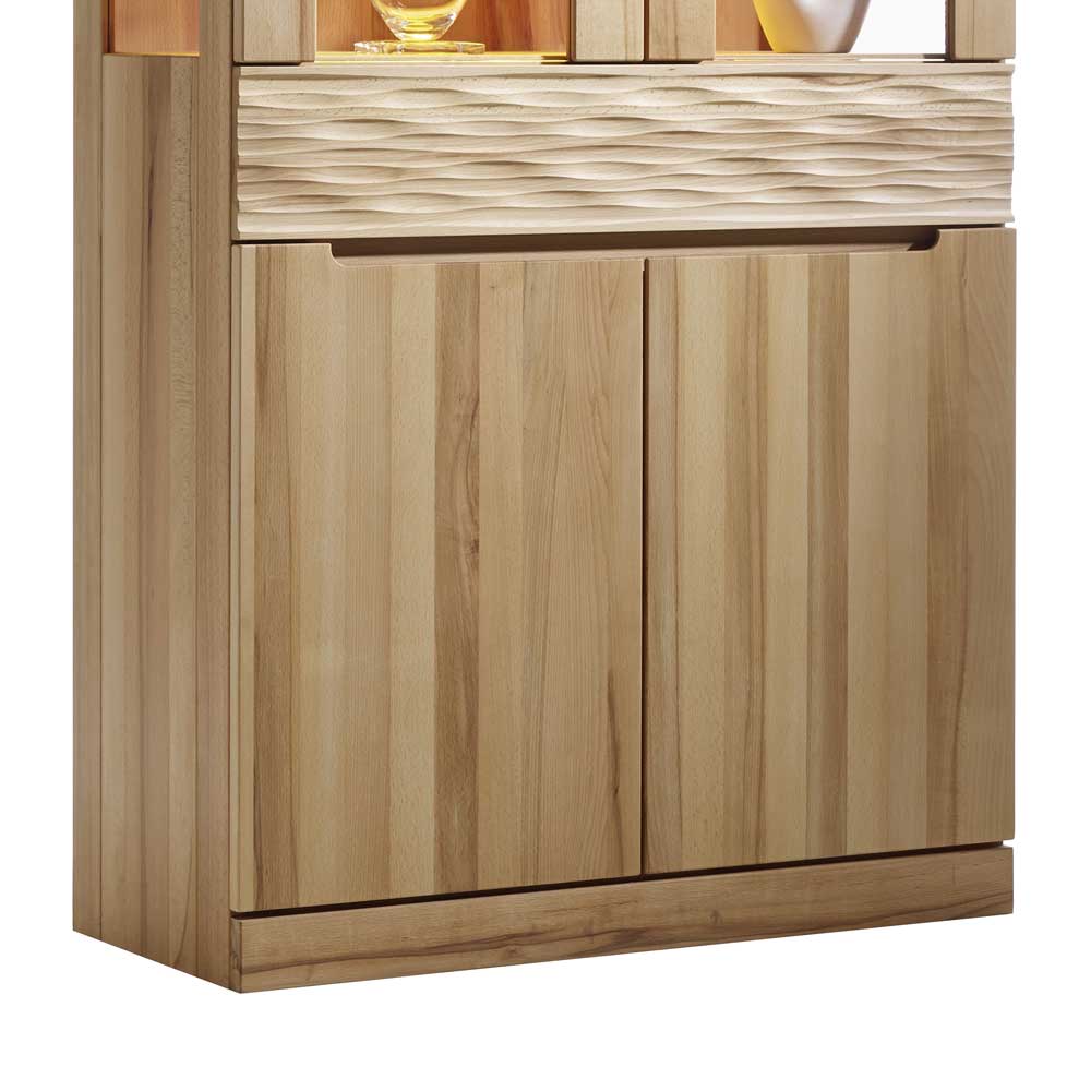 Unterer Bereich der Massivholzvitrine mit zwei Holztüren und Schublade mit Wellenstruktur – Wahano