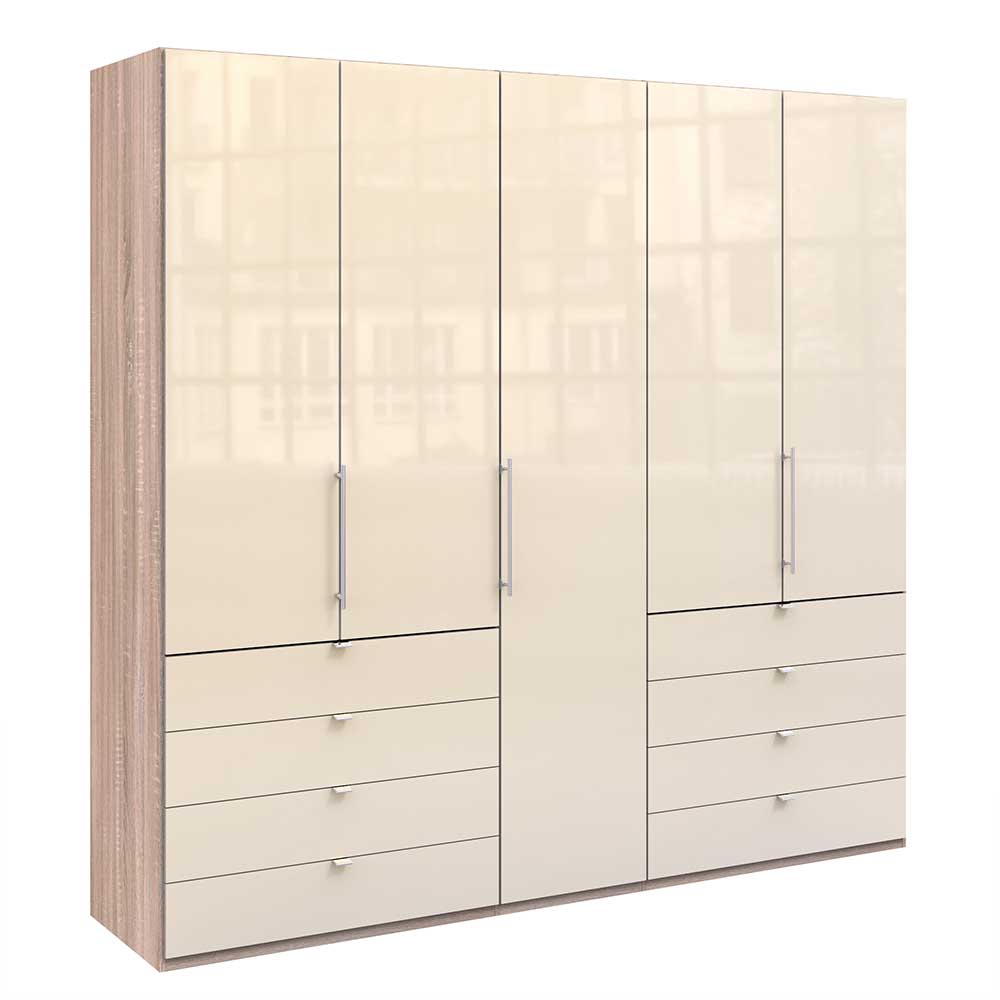Moderner Schlafzimmerschrank in Cremefarben mit Holzdekor, Türen und praktischen Schubladen – Rativian