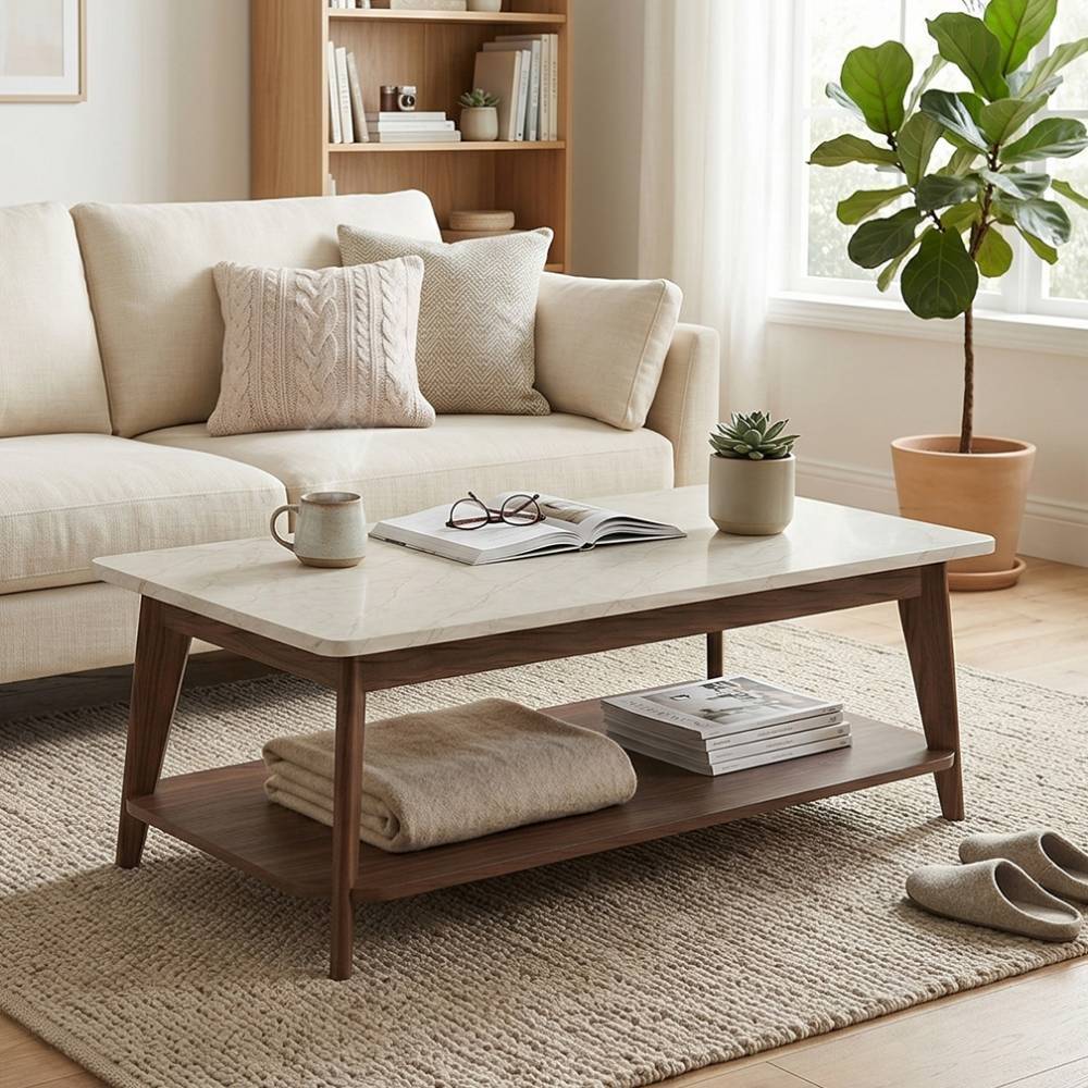 Marmoroptik Couchtisch mit Gestell in Walnuss - Movito