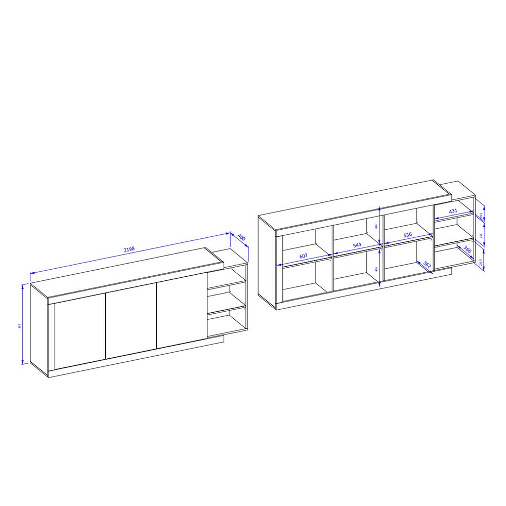 Sideboard Milvara Maße und Abmessungen als technische Skizze mit allen Details – Milvara