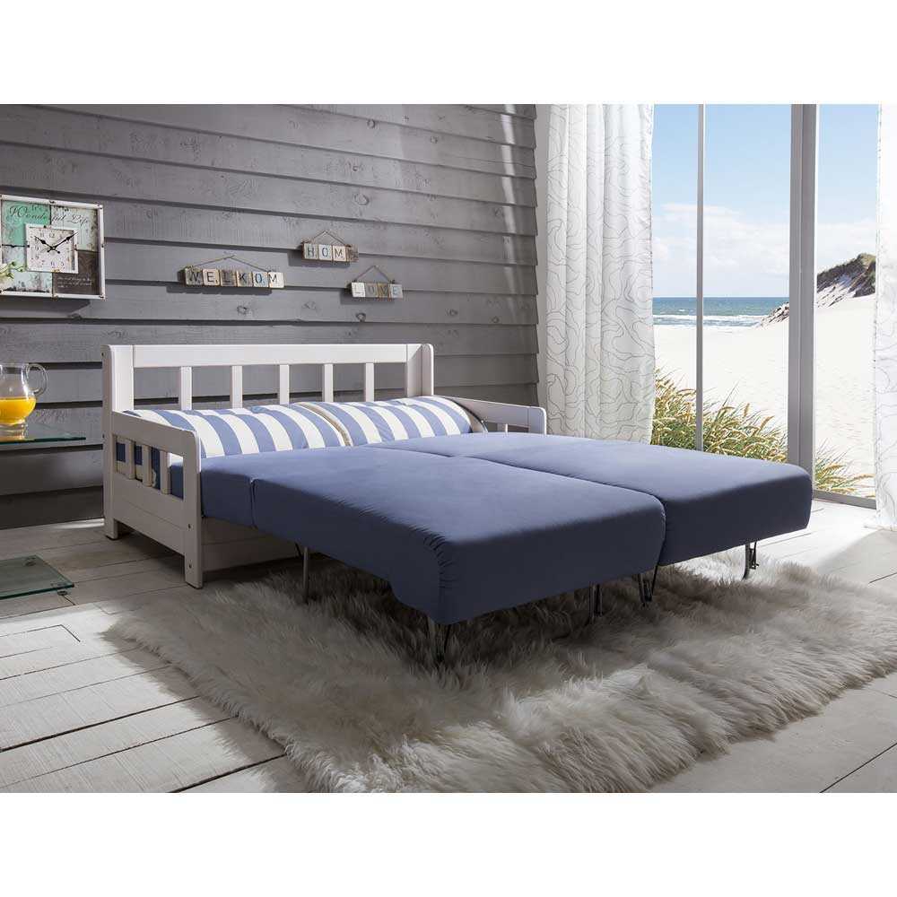 Schlafsofa mit Bettfunktion komplett ausgezogen in Blau-Weiß maritimem Look – Salvador