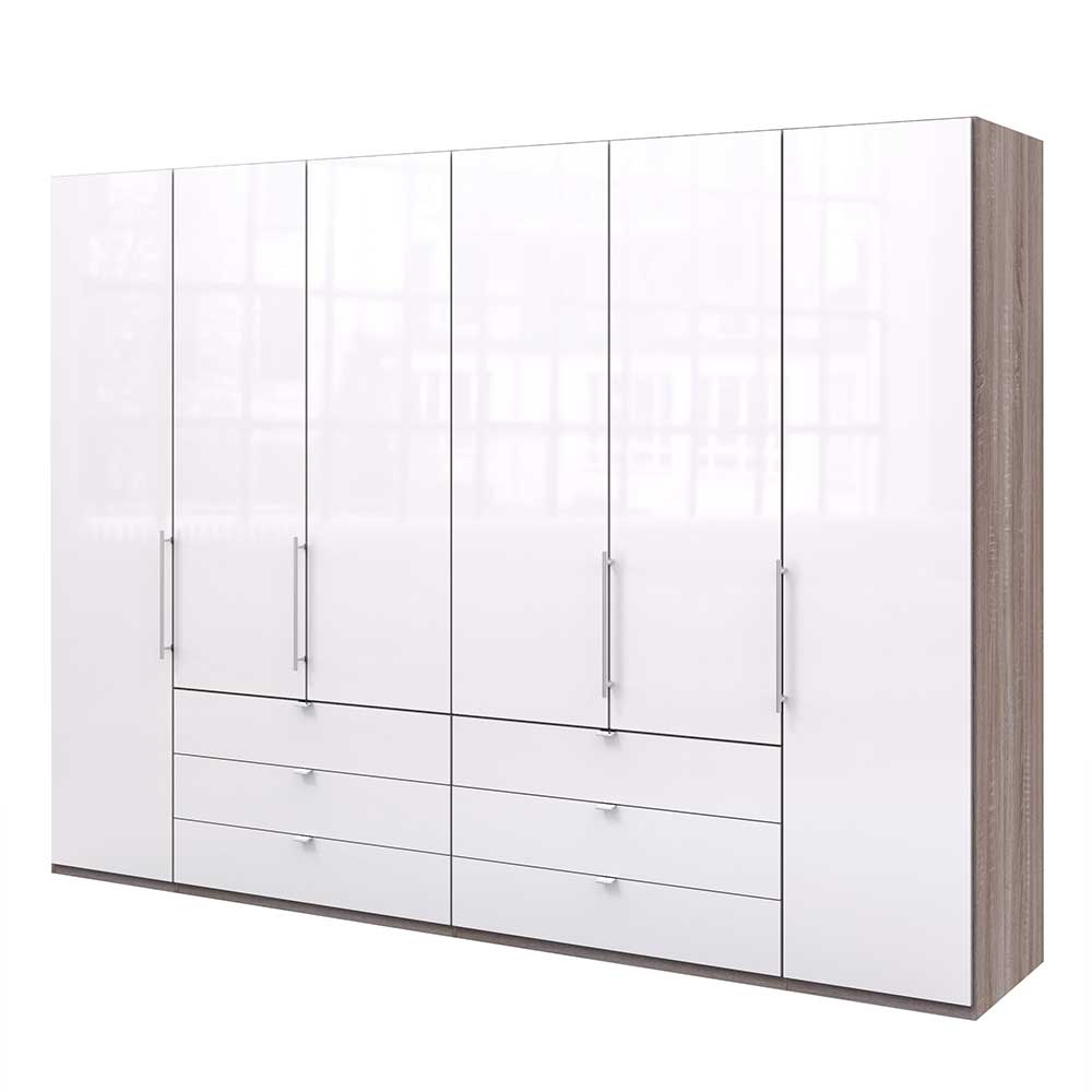 Moderner Schlafzimmerschrank weiß glasbeschichtet mit Holzoptik und vielen Fächern – Empresian