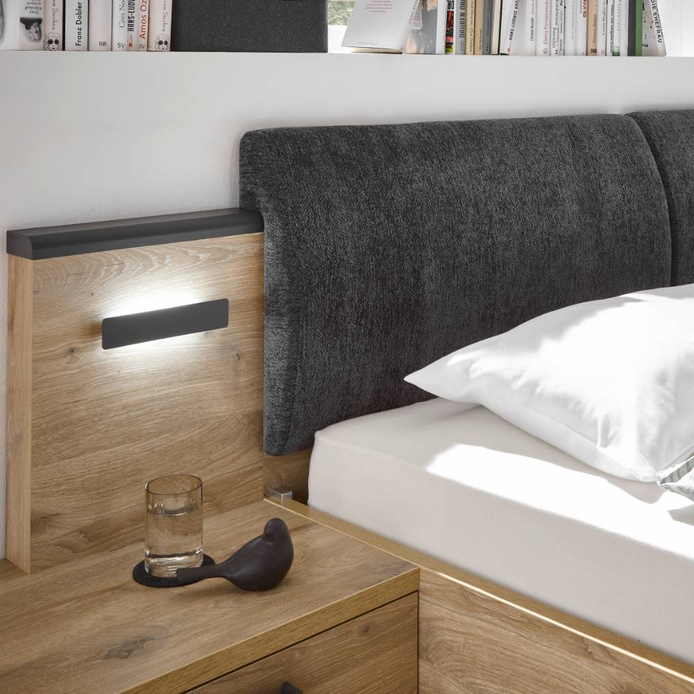 Gepolstertes Kopfteil mit integrierter LED-Beleuchtung und Nachttischablage – Jona