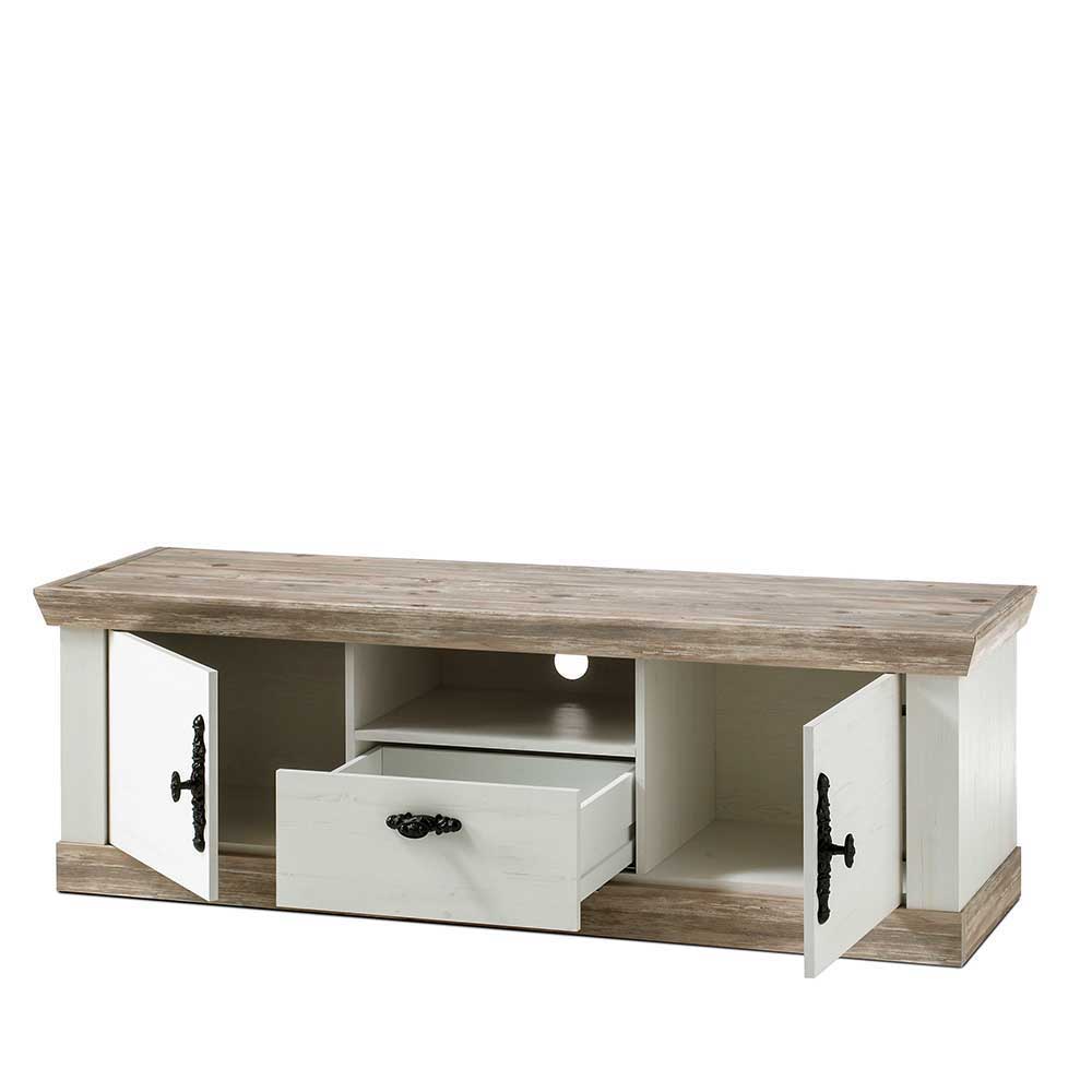Landhaus TV Board in Weiß & Pinie Shabby Nedita 156 cm breit