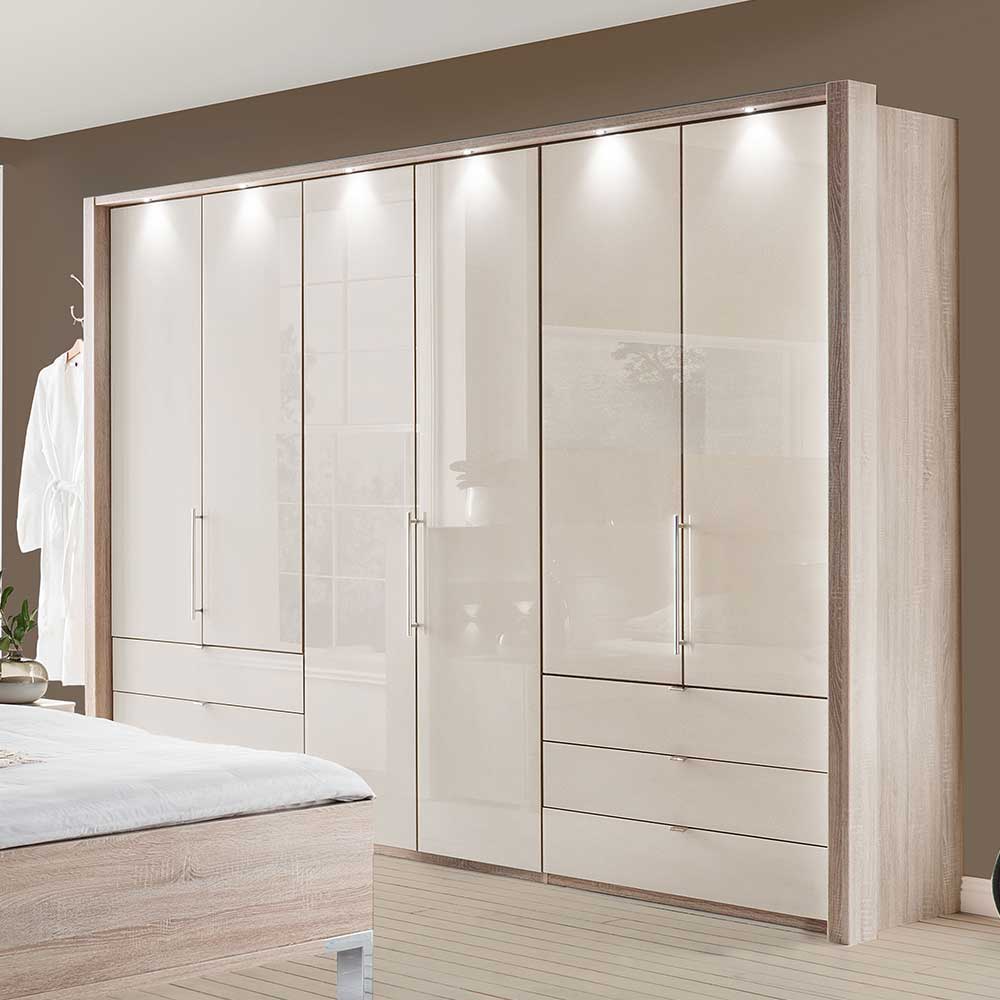 Großer Kleiderschrank mit sechs Hochglanz-Türen, Schubladen und integrierter Beleuchtung – Rativian