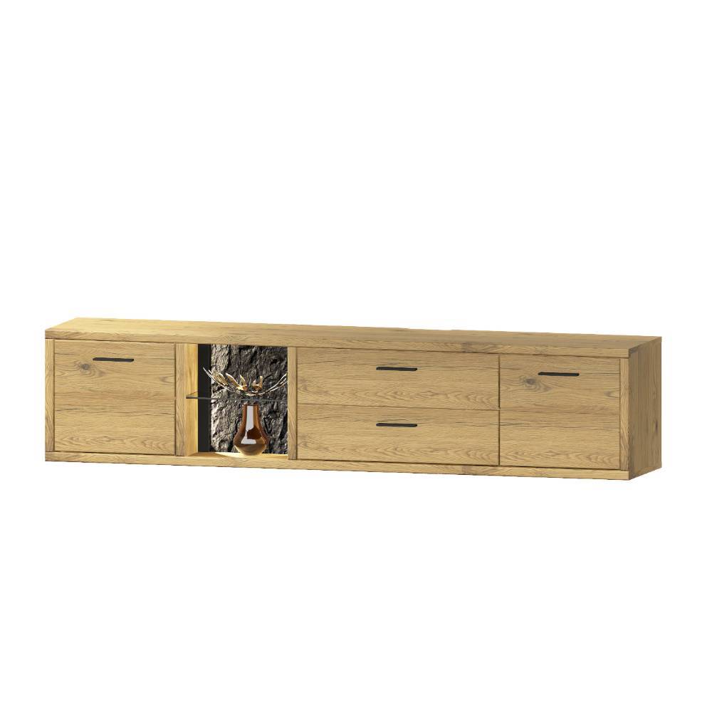 TV-Hängeschrank aus Wildeiche Massivholz geschlossen mit vielen Staufächern für das Wohnzimmer Friburgo