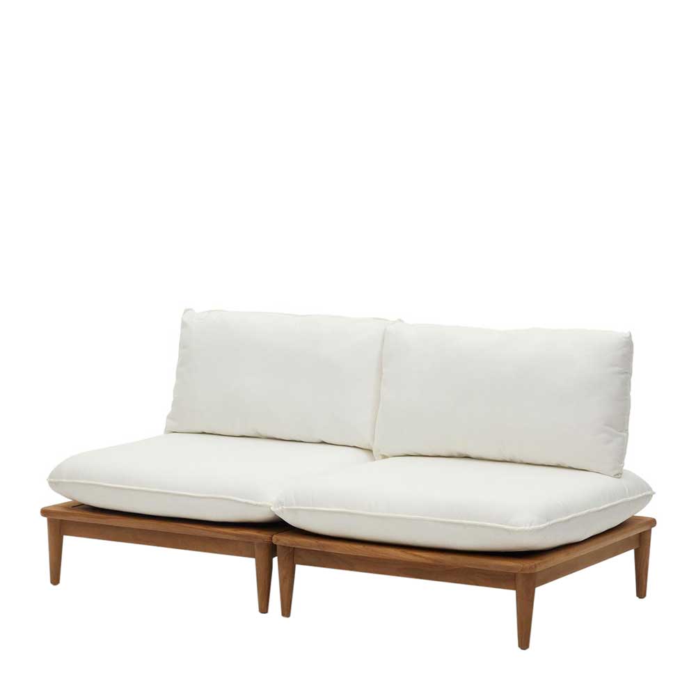 Modulsofa Teak aus zwei Elementen mit gro
en hellbeigen Sitz- und R
kenkissen 
 Palm