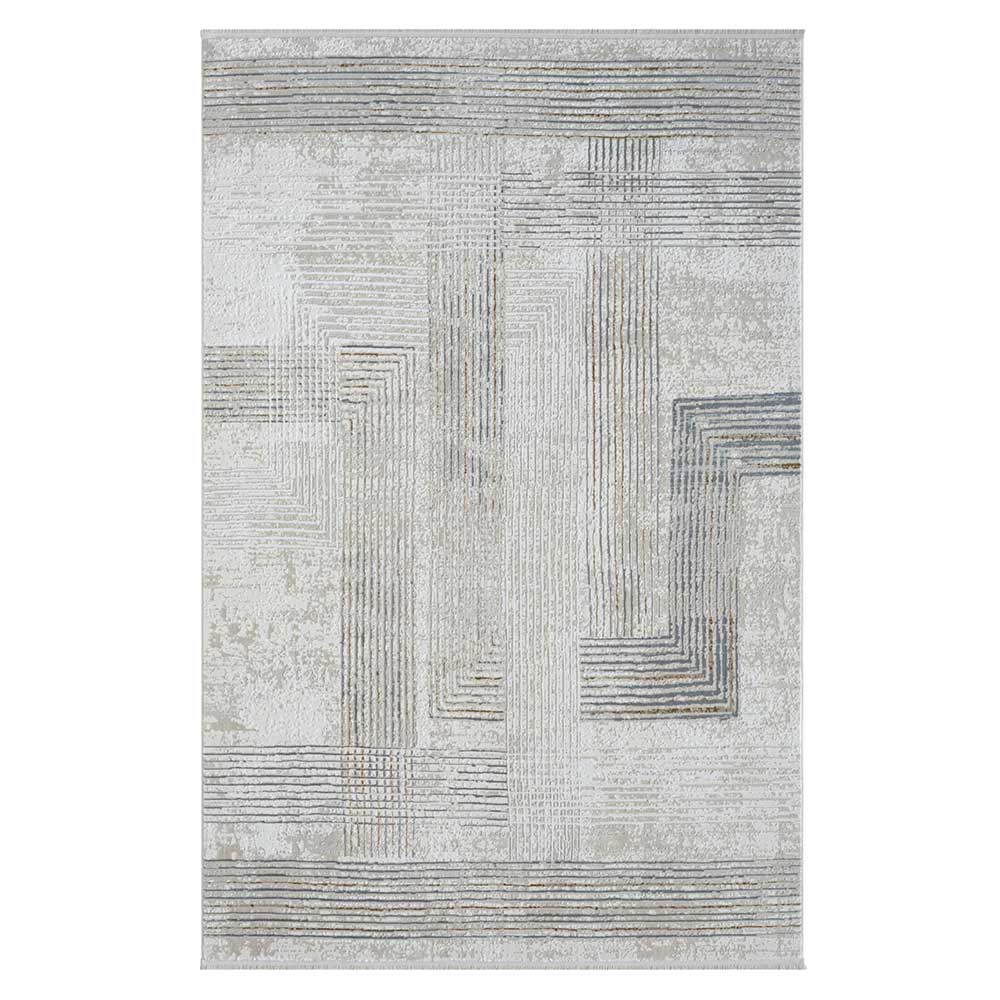 Rechteckiger Teppich in Creme und Hellgrau mit modernem geometrischem Linienmuster – Sascora