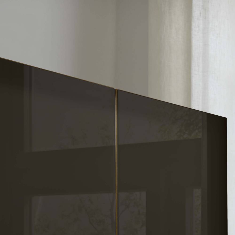 Dunkle Glasfronten mit goldenem Zierstreifen des Kleiderschranks – Hung