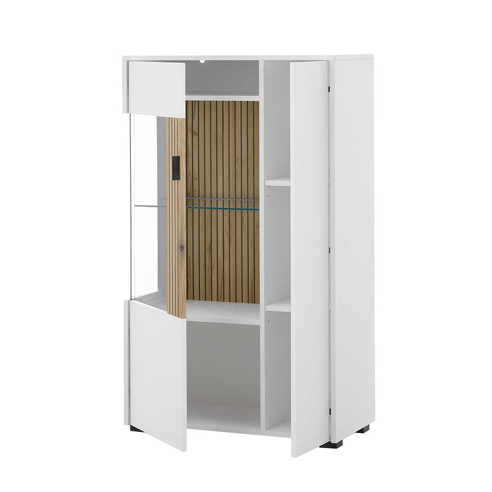 Offenes Highboard in Weiß mit Glasvitrine und praktischen Einlegeböden – Nenaloro