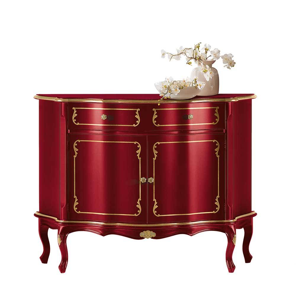 Elegante rote Kommode mit goldenen Verzierungen und geschwungenen Beinen für Wohnzimmer – Julya