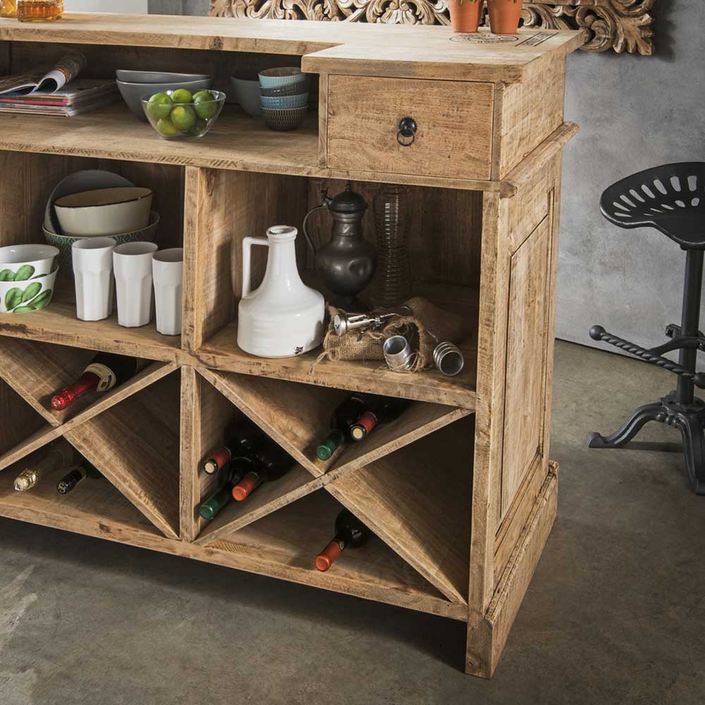 Massivholz Bartheke mit offenem Weinregal und praktischen Schubladen für Küchen und Esszimmer – Fizaron