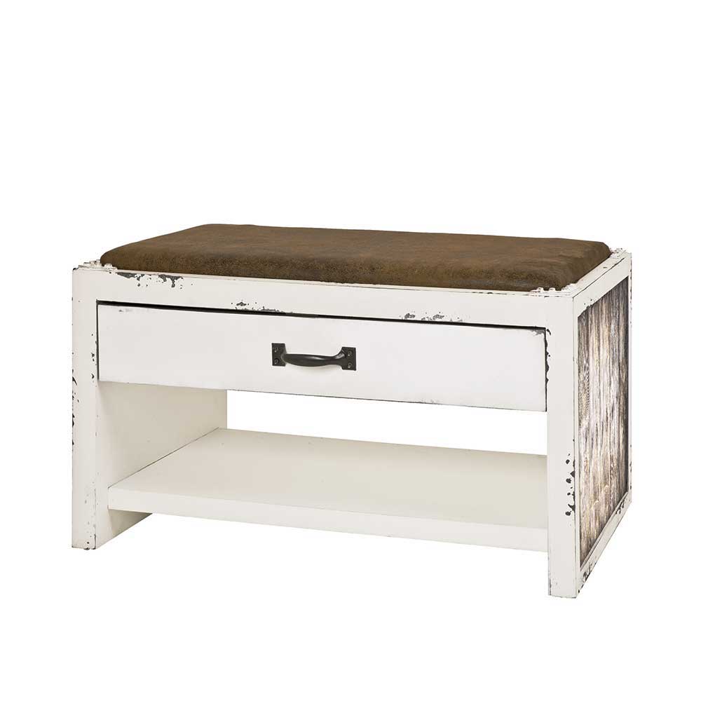 Shabby Chic Bank in Weiß und Braun mit Schublade und Ablage im Landhausstil als Garderobenbank – Beat