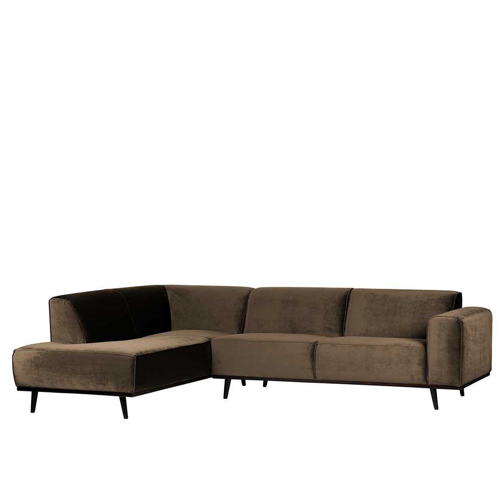 Gemütliches L-Sofa in Taupe mit Samtbezug und schwarzen Beinen – Matca