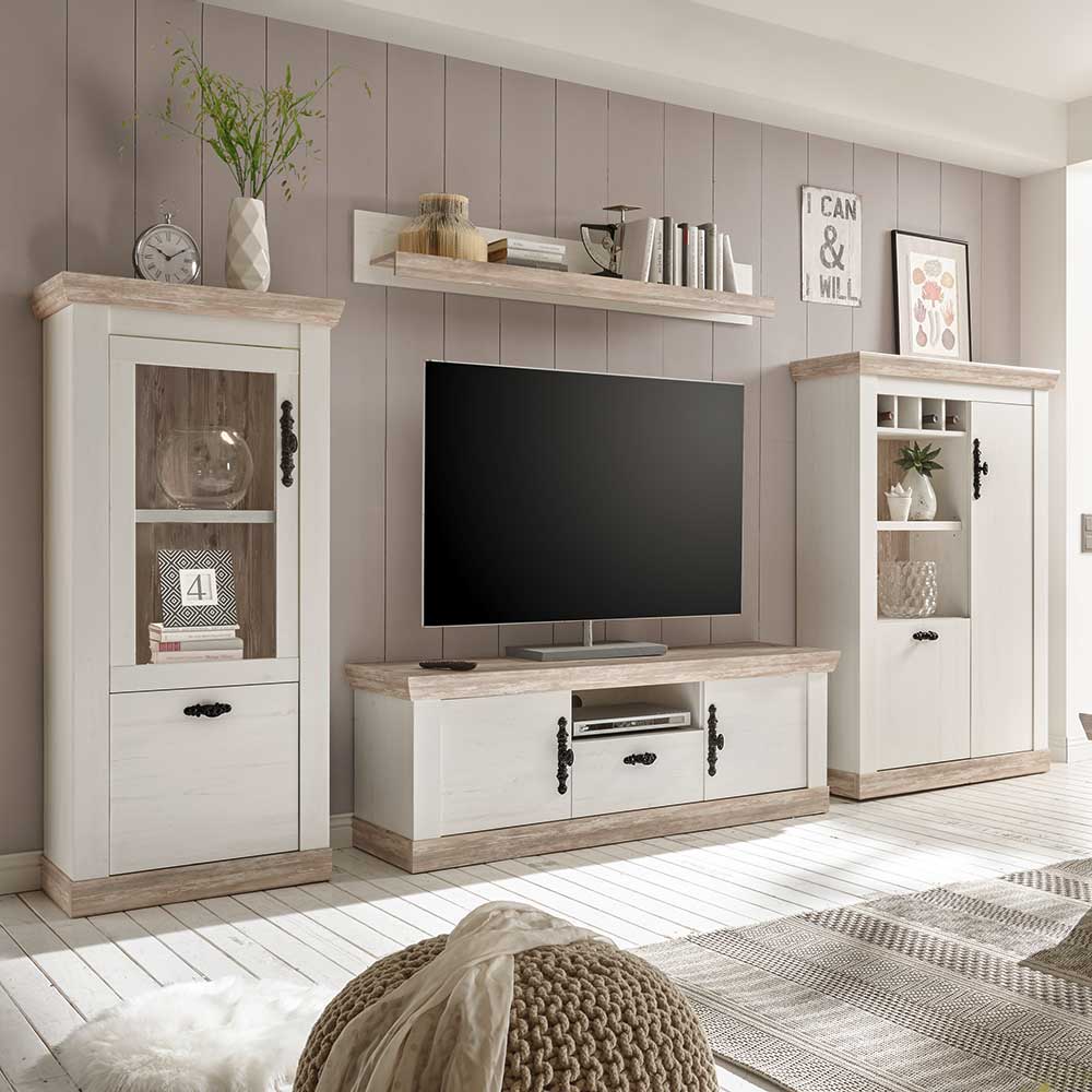 Vierteilige TV Anbauwand im Scandi Landhaus Stil mit Lowboard und Vitrinen in Weiß und Shabby Pinie – Nedita