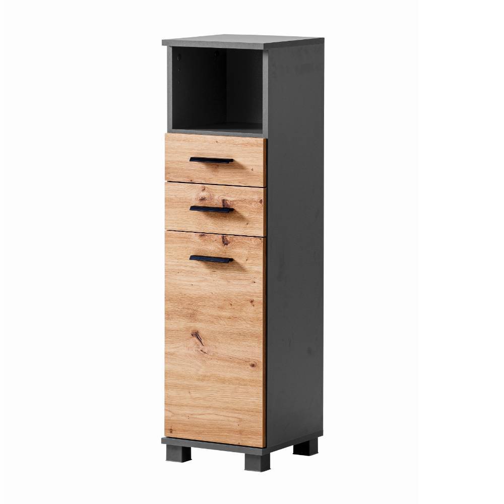 Schmaler Badschrank in Holzoptik Wildeiche und Anthrazit mit drei Schubladen und Tür – Plicardo