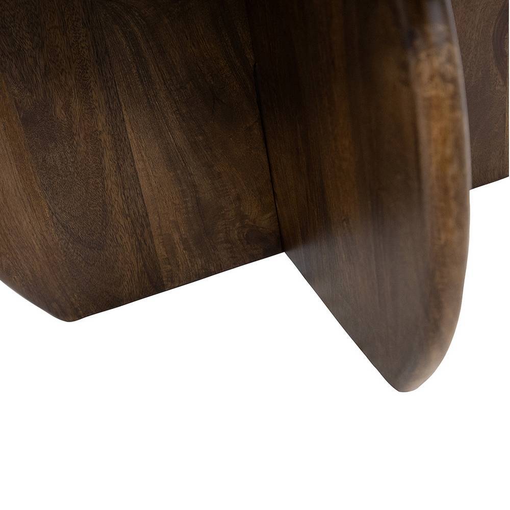 Dunkelbrauner Couchtisch aus lackiertem Mangoholz mit Details des stabilen Holzgestells – Hugadano
