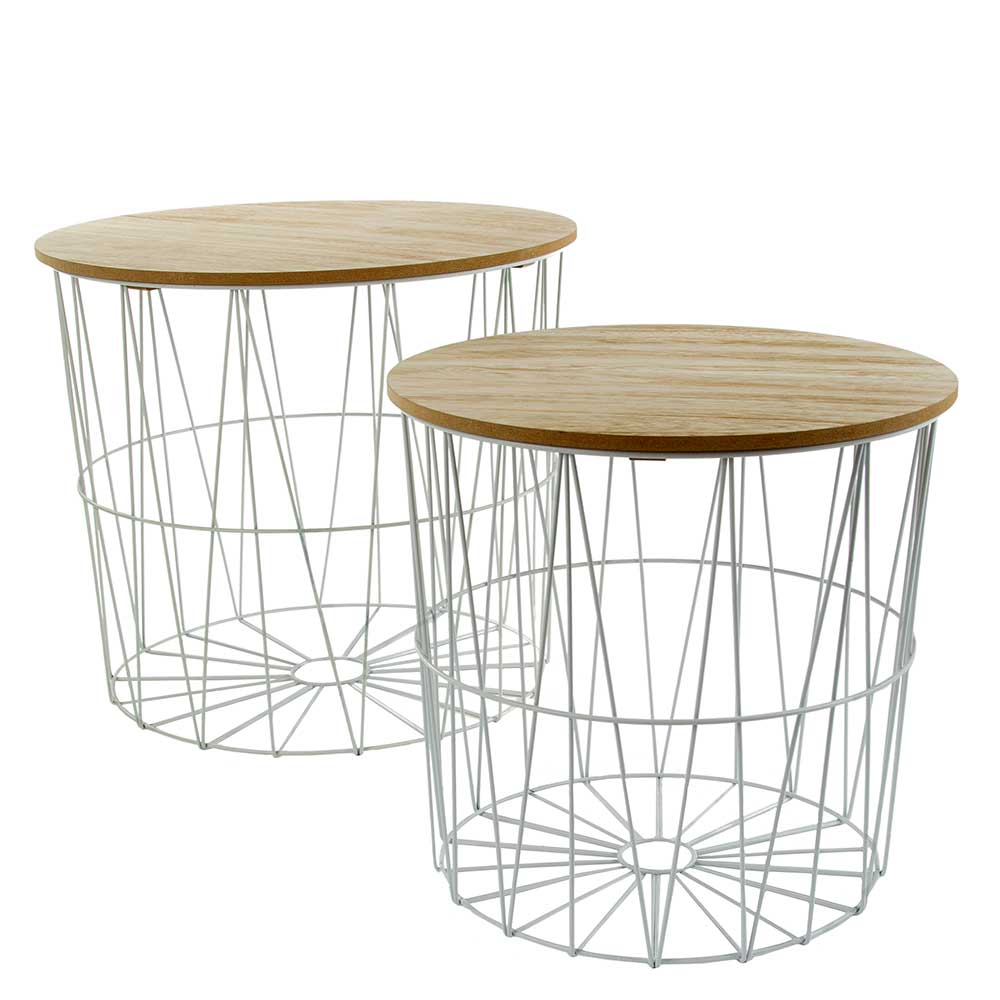 Zweiteiliges Beistelltisch Set mit weißen Gittergestellen und Holzplatten – Carla