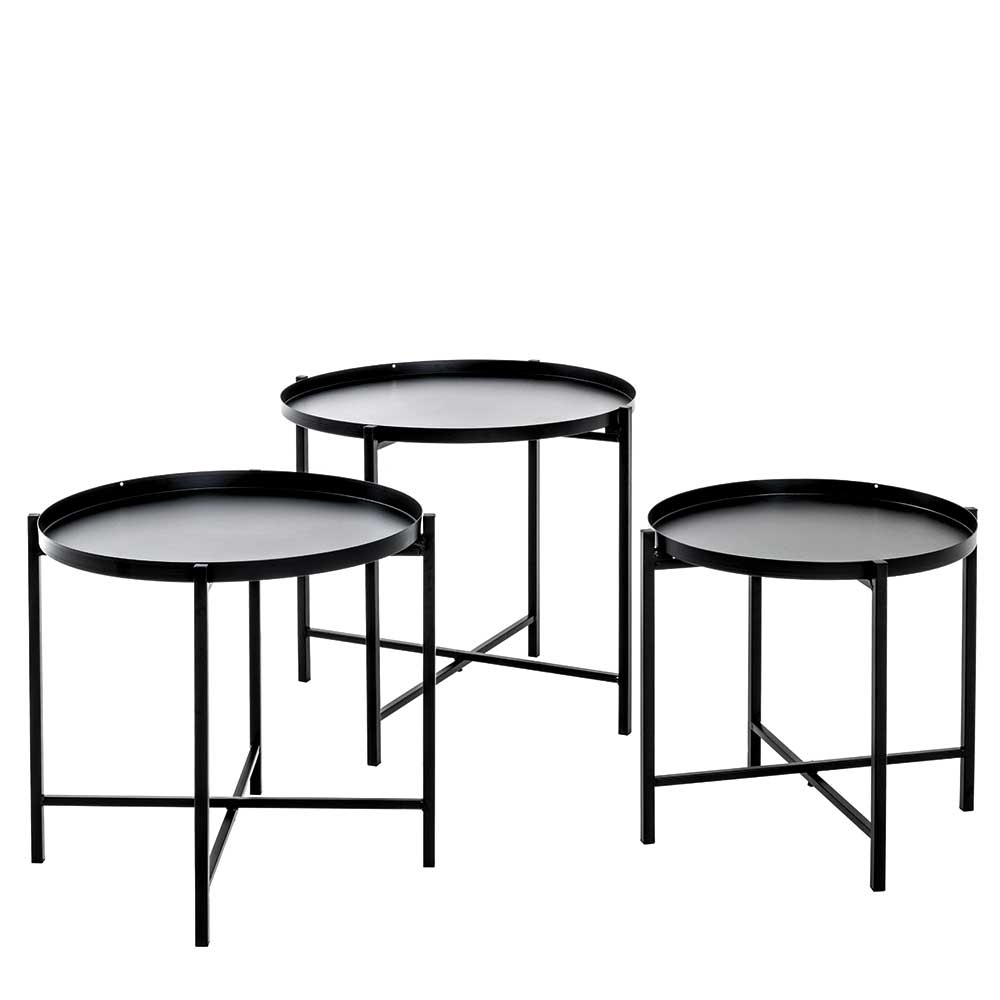 Dreiteiliges Beistelltisch-Set in Schwarz mit runden Metallplatten für das Wohnzimmer – Vicky